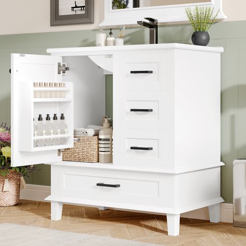 Meuble De Salle De Bain Blanc 76x46x83,5 Cm Avec Vasque Céramique Et 3 Tiroirs Silencieux