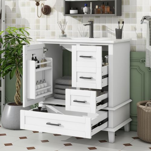 Meuble De Salle De Bain Blanc 76x46x83,5 Cm Avec Vasque Céramique Et 3 Tiroirs Silencieux