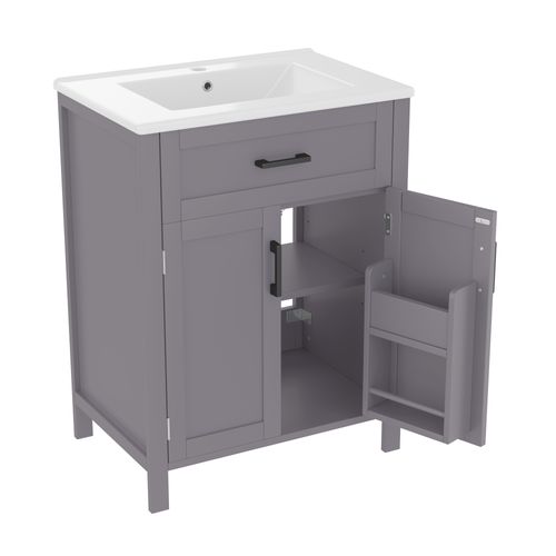 Meuble De Salle De Bain Gris 60x46x84,8 Cm Avec Double Porte Et Vasque Céramique