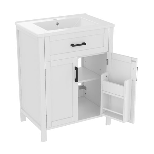 Meuble De Salle De Bain Blanc 60x46x84,8 Cm Avec Double Porte Et Vasque Céramique