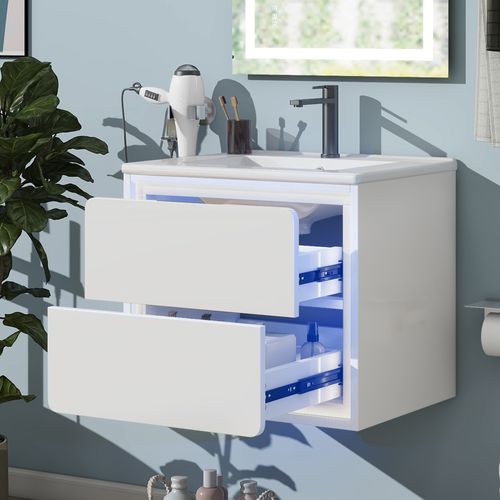 Meuble Salle De Bain Suspendu Blanc 60x46x50 Cm Avec LED Capteur Et Vasque Céramique