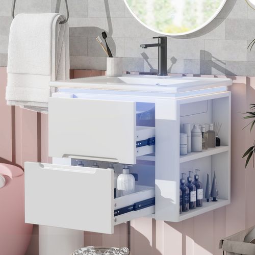 Meuble Salle De Bain Suspendu Blanc 61x46x48,5 Cm Avec LED Et Vasque