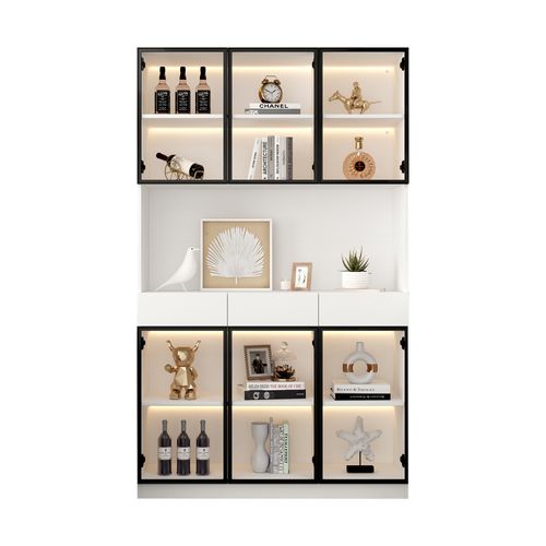 Vitrine Haute LED 200 Cm Avec Rangements Et Bureau Intégré, Blanc