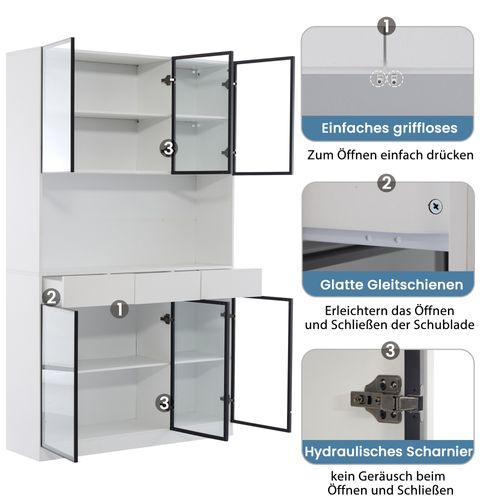 Vitrine Haute LED 200 Cm Avec Rangements Et Bureau Intégré, Blanc