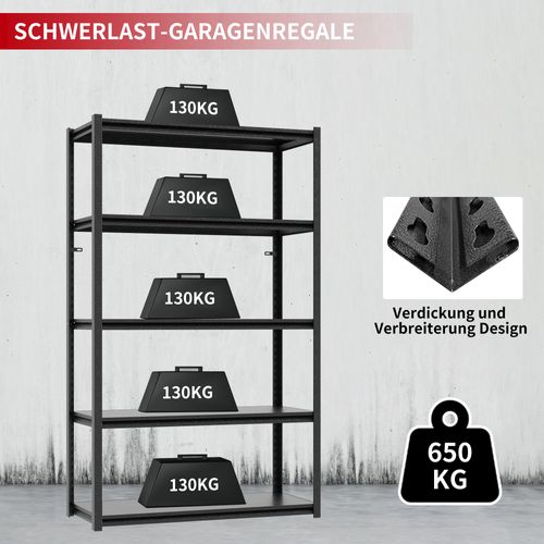 Étagère Lourde En Métal 5 Niveaux, 650 Kg Capacité, Réglable, 198x120x45,7 Cm, Noir
