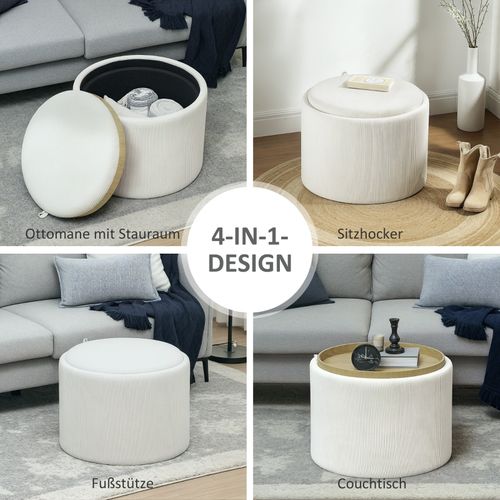 Pouf Rond Avec Rangement Et Couvercle, Assise En Velours Côtelé 56x56x42 Cm