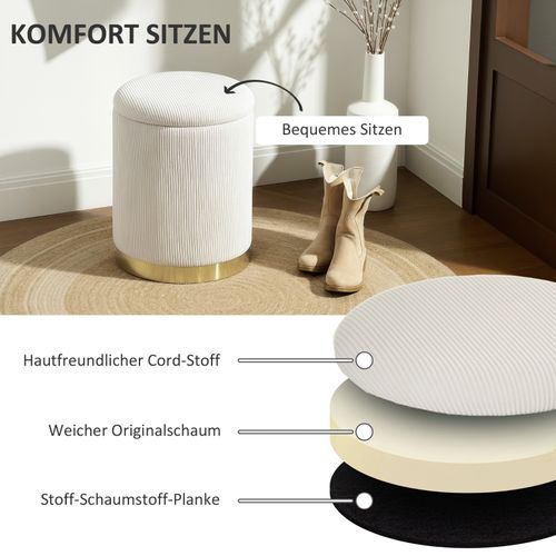 Pouf Rond Avec Rangement Et Assise En Velours, Ø36x44 Cm, Crème