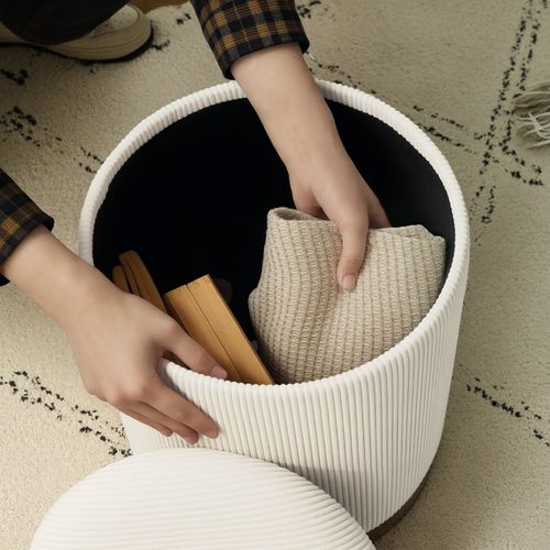 Pouf Rond Avec Rangement Et Assise En Velours, Ø36x44 Cm, Crème