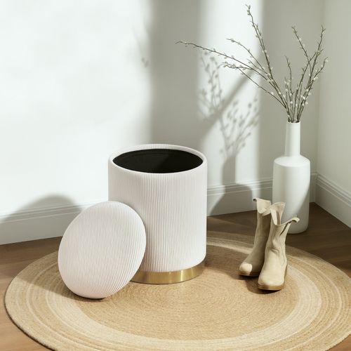 Pouf Rond Avec Rangement Et Assise En Velours, Ø36x44 Cm, Crème