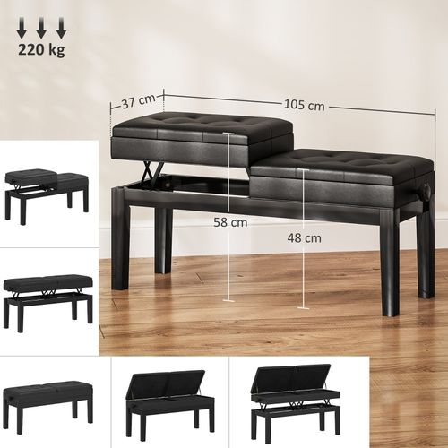 Banc De Piano Réglable Avec Rangement, Assise Double En Simili Cuir Noir