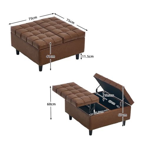 Pouf Coffre De Rangement Relevable En Pu Marron Pour Salon Et Chambre