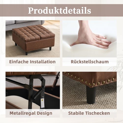 Pouf Coffre De Rangement Relevable En Pu Marron Pour Salon Et Chambre