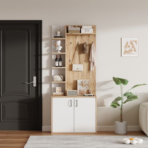 Vestiaire D’entrée Avec Rangements Ouverts Et Fermés, Bois Et Blanc, 75x33x180 Cm