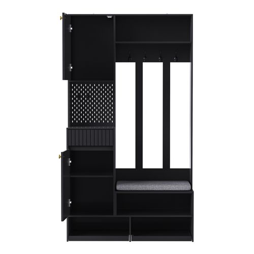 Vestiaire D'entrée Complet Avec Banc, Crochets Et Tiroirs, Armoire Noire 100x180x35 Cm
