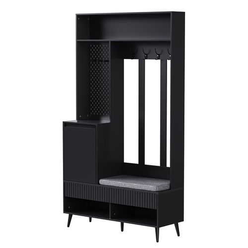 Vestiaire D'entrée Mural Avec Banc, Tiroirs Et Crochets, Armoire Noire 100x35x180 Cm