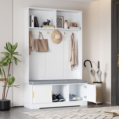 Vestiaire Avec Banc Et Rangement Chaussures, 6 Crochets, Blanc 120x40x191 Cm