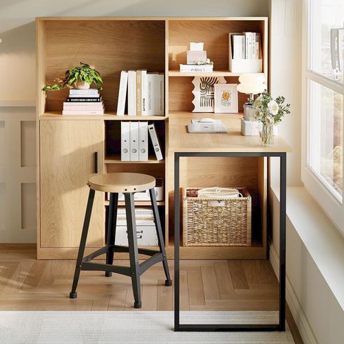 Bureau Avec Armoire Intégrée Et Rangements Ouverts, Bois Naturel 120 Cm