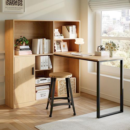 Bureau Avec Armoire Intégrée Et Rangements Ouverts, Bois Naturel 120 Cm