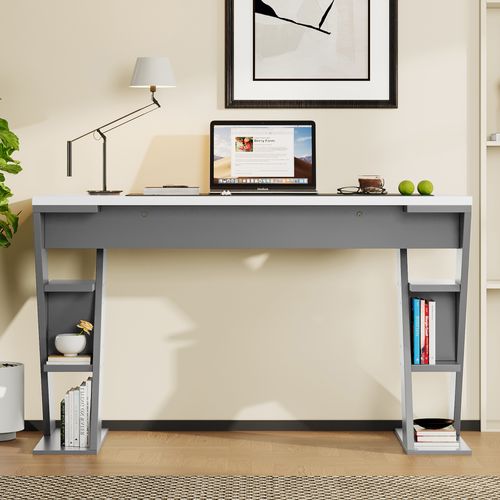 Bureau Gris Et Blanc Avec Étagères Latérales Et Pieds En X 120 Cm