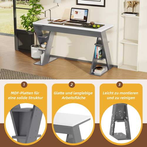 Bureau Gris Et Blanc Avec Étagères Latérales Et Pieds En X 120 Cm