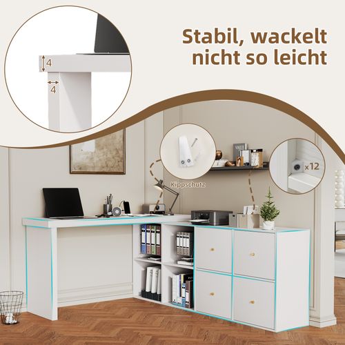 Bureau D’angle Rotatif 360° Avec Étagères Et Tiroirs En Mdf Blanc