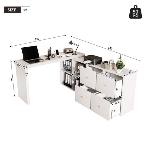 Bureau D’angle Rotatif 360° Avec Étagères Et Tiroirs En Mdf Blanc