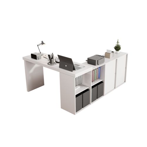 Bureau D’angle Rotatif 360° Avec Étagères Et Tiroirs En Mdf Blanc