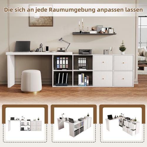 Bureau D’angle Rotatif 360° Avec Étagères Et Tiroirs En Mdf Blanc