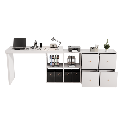 Bureau D’angle Rotatif 360° Avec Étagères Et Tiroirs En Mdf Blanc