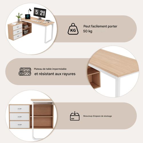 Bureau moderne 147 cm avec 3 tiroirs 2 étagères MDF avec structure métal, plateau large naturel