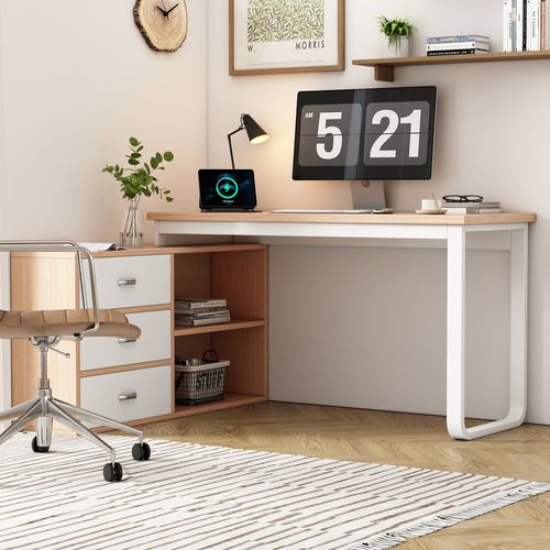 Bureau moderne 147 cm avec 3 tiroirs 2 étagères MDF avec structure métal, plateau large naturel