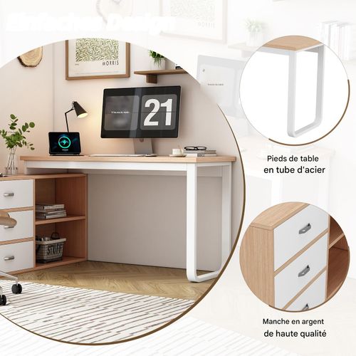 Bureau moderne 147 cm avec 3 tiroirs 2 étagères MDF avec structure métal, plateau large naturel