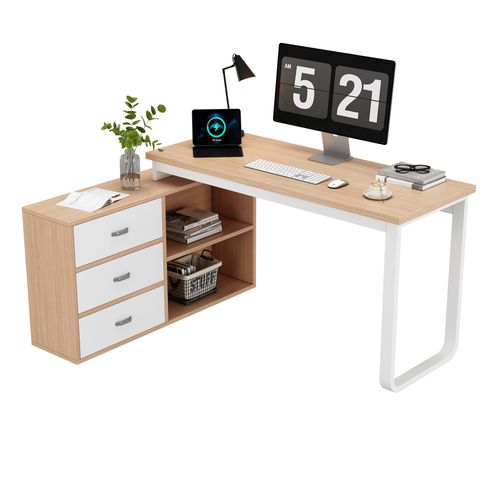 Bureau moderne 147 cm avec 3 tiroirs 2 étagères MDF avec structure métal, plateau large naturel