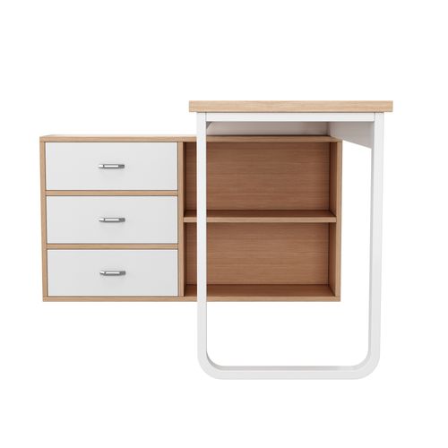 Bureau moderne 147 cm avec 3 tiroirs 2 étagères MDF avec structure métal, plateau large naturel