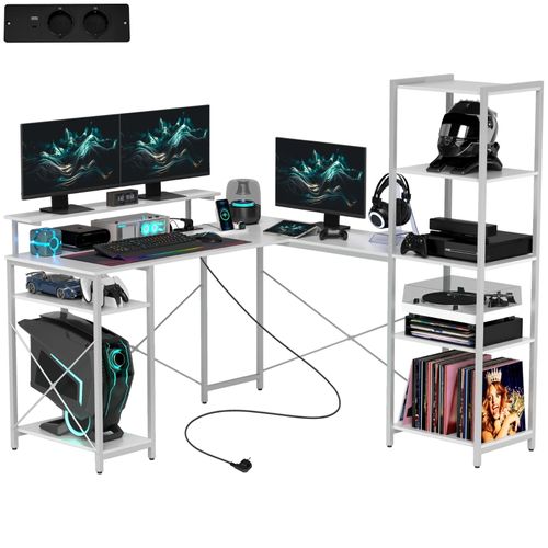 Bureau Gaming En L 137 X 140 X 139,5 Cm Avec Étagères Et Station De Charge, Blanc