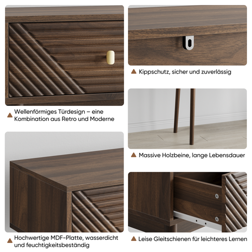 Console Mid-century Modern Avec Tiroirs Et Étagères Ouvertes, Noyer