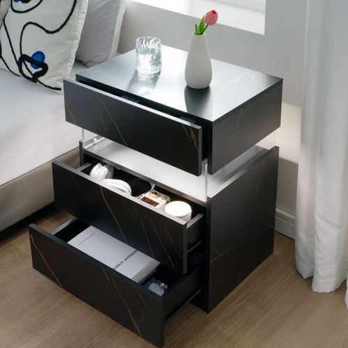 Table De Chevet LED 3 Tiroirs Avec Plateau Acrylique Noir+or