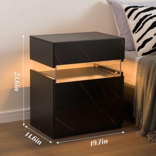 Table De Chevet LED 3 Tiroirs Avec Plateau Acrylique Noir+or