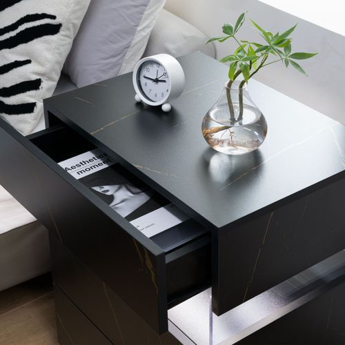 Table De Chevet LED 3 Tiroirs Avec Plateau Acrylique Noir+or