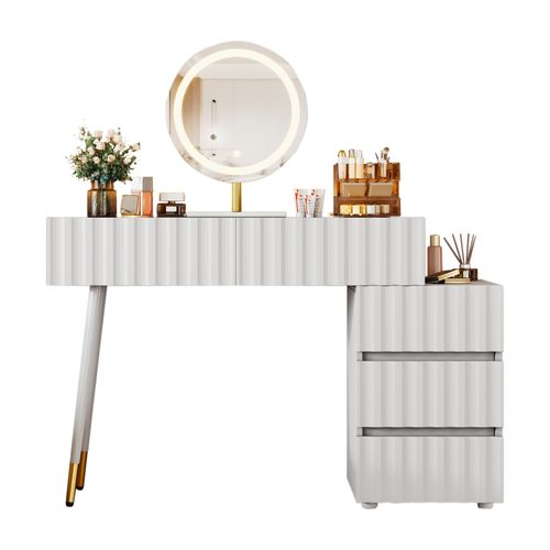 Coiffeuse Blanche Avec LED, 5 Tiroirs Spacieux Et Miroir Intégré