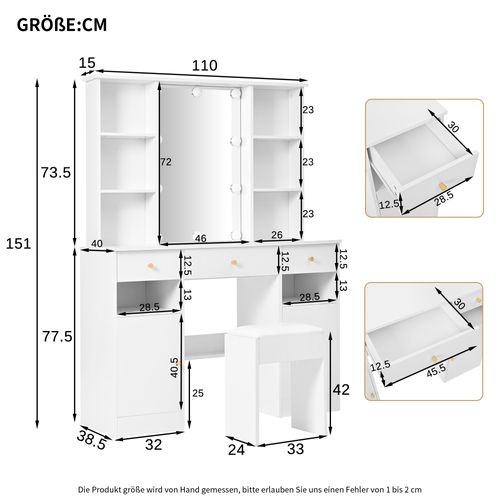 Grande Coiffeuse Blanche Avec LED Réglable, Miroir, 3 Tiroirs Et 2 Portes