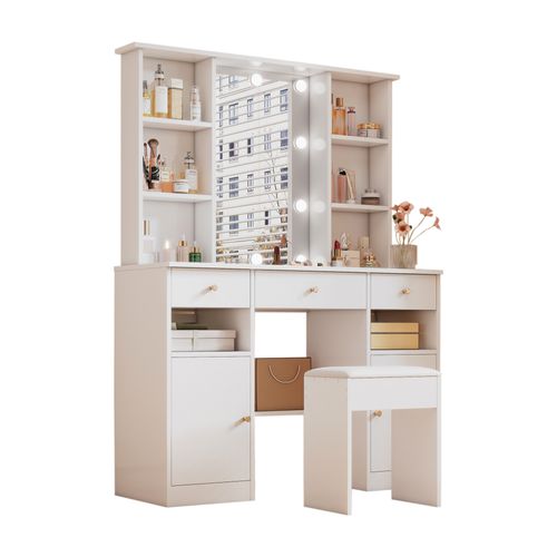 Grande Coiffeuse Blanche Avec LED Réglable, Miroir, 3 Tiroirs Et 2 Portes