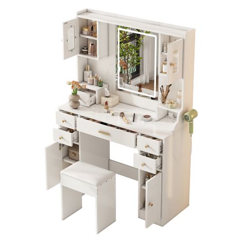 Grande Coiffeuse Blanche Avec LED, 6 Tiroirs Et 4 Portes