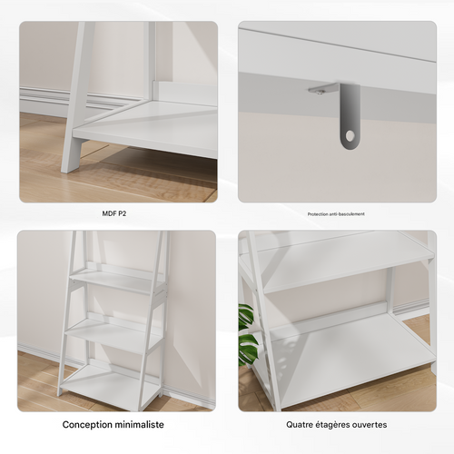 Étagère échelle 4 niveaux blanche, meuble rangement décoratif pour maison, 63 x 39 x 150 cm