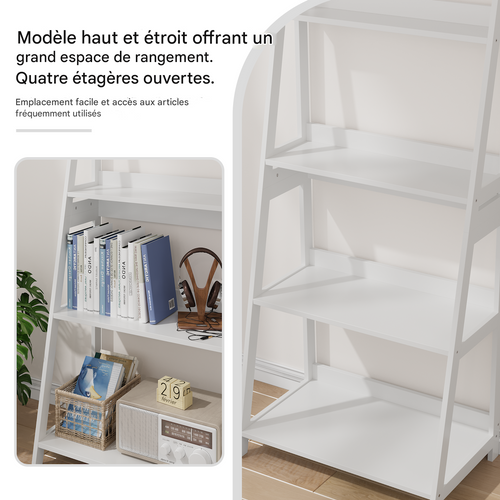 Étagère échelle 4 niveaux blanche, meuble rangement décoratif pour maison, 63 x 39 x 150 cm