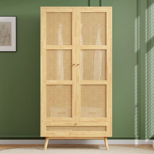 Armoire 2 Portes Avec Tringle Et Rattan, Rangement Naturel 90x45x183 Cm