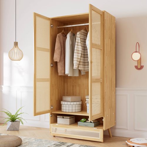Armoire 2 Portes Avec Tringle Et Rattan, Rangement Naturel 90x45x183 Cm