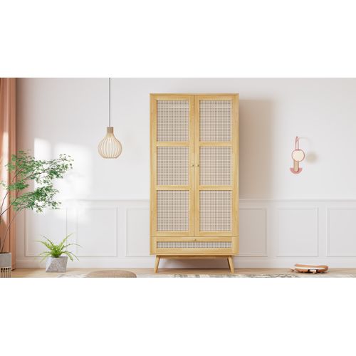 Armoire 2 Portes Avec Tringle Et Rattan, Rangement Naturel 90x45x183 Cm