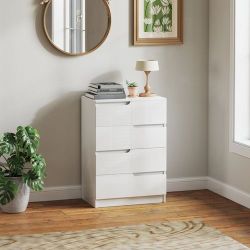 Commode 4 Tiroirs Moderne Blanc Brillant 60x40x85 Cm Pour Salon Et Chambre