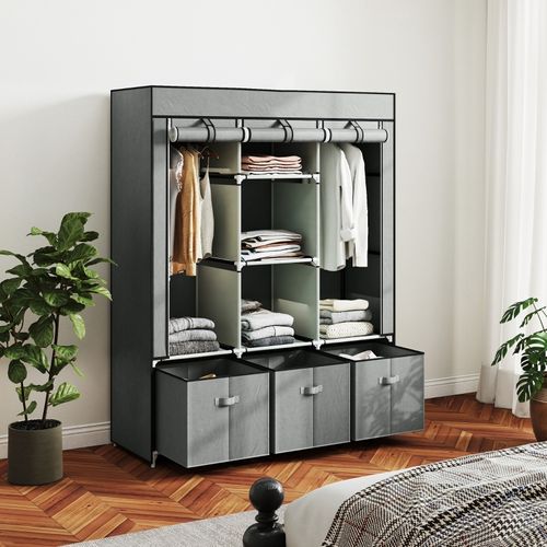 Armoire Textile Grise Avec Penderie, Étagères Et Tiroirs Pour Chambre